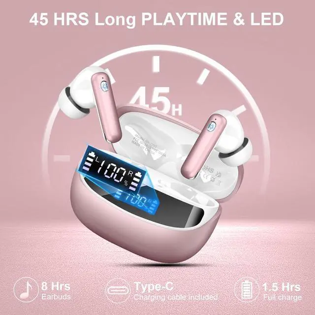 Alt view image 5 of 7 - Wireless Earbuds, Bluetooth 5.4 Headphones with 4 ENC Noise Cancelling Mic, 45Hrs Playtime Bluetooth Earphones HiFi Stereo Deep Bass, in Ear Earbuds IP7 Waterproof, Wireless Headphones Rose Gold