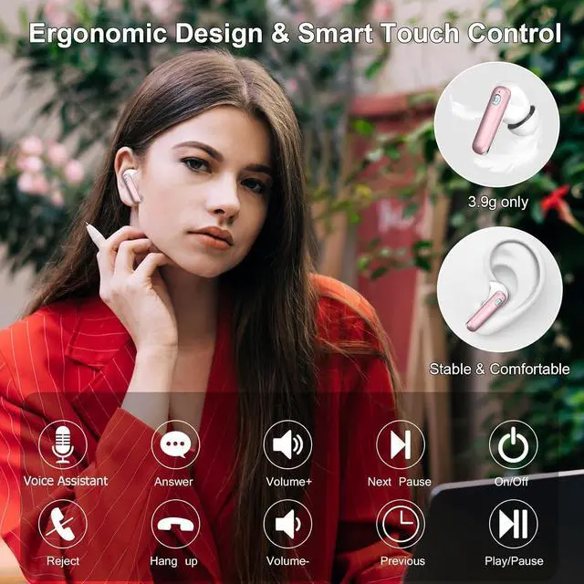 Alt view image 7 of 7 - Wireless Earbuds, Bluetooth 5.4 Headphones with 4 ENC Noise Cancelling Mic, 45Hrs Playtime Bluetooth Earphones HiFi Stereo Deep Bass, in Ear Earbuds IP7 Waterproof, Wireless Headphones Rose Gold