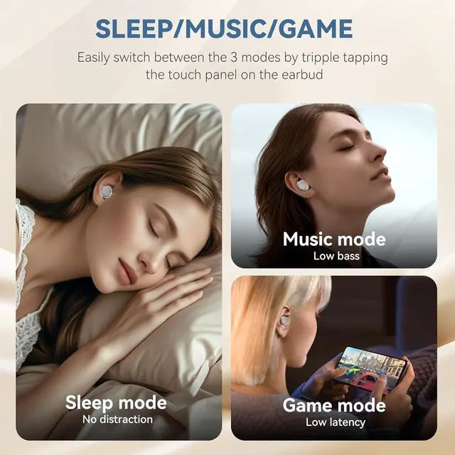 Alt view image 4 of 6 - Noise Blocking Earbuds for Sleep with Sleeping, Game, and Music Modes, Long 7-Hour Playtime, Wireless Bluetooth Streaming, Slim Fit for Side Sleepers (White)