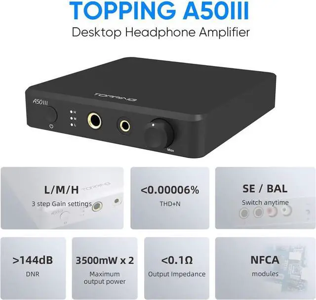 Alt view image 2 of 7 - Topping A50 III NFCA Headphone Amplifier, 3500mW x 3500mW Home Audio Headphone Amp, RCA/TRS to 4.4mm/6.35mm Earphone Output with 3 Gain Settings 12V Trigger for IEM, Black