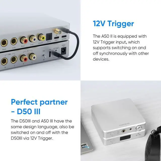 Alt view image 7 of 7 - Topping A50 III NFCA Headphone Amplifier, 3500mW x 3500mW Home Audio Headphone Amp, RCA/TRS to 4.4mm/6.35mm Earphone Output with 3 Gain Settings 12V Trigger for IEM, Black