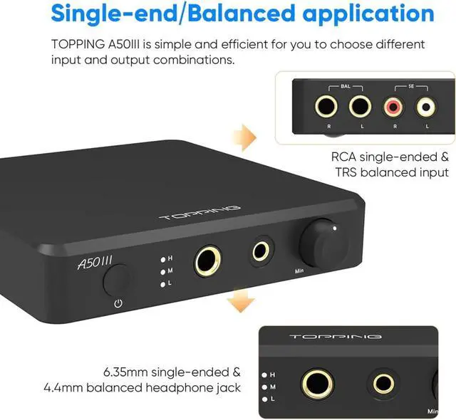 Alt view image 6 of 7 - Topping A50 III NFCA Headphone Amplifier, 3500mW x 3500mW Home Audio Headphone Amp, RCA/TRS to 4.4mm/6.35mm Earphone Output with 3 Gain Settings 12V Trigger for IEM, Black