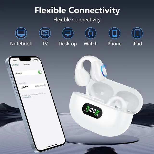Alt view image 3 of 7 - Open Ear Bone Conduction Headphones Bluetooth 5.3 Wireless Open Clip Ear Earbuds Built-in Mic with Ear Hooks 60 Hours Playtime Sport Earphones IPX7 Waterproof for Fitness Running Walking White