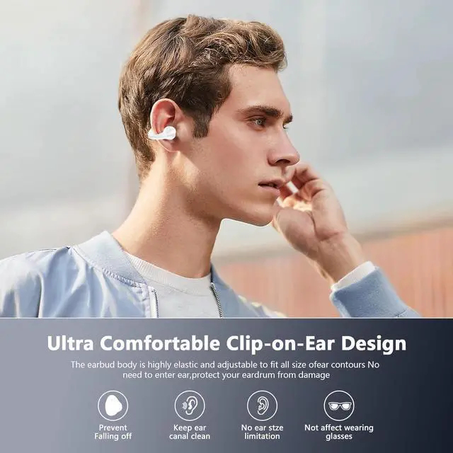 Alt view image 6 of 7 - Open Ear Bone Conduction Headphones Bluetooth 5.3 Wireless Open Clip Ear Earbuds Built-in Mic with Ear Hooks 60 Hours Playtime Sport Earphones IPX7 Waterproof for Fitness Running Walking White