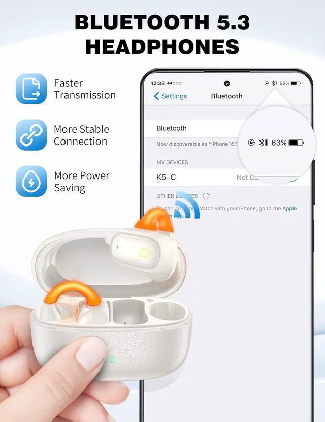 Alt view image 5 of 7 - Clip On Open Ear Wireless Earbuds for iPhone 16 Pro Max 15 Plus Samsung S25 Ultra S24 S23, 2025 Sports Bluetooth Earphones HD Sound Comfortable for Small Ears Fitness Headphones for Gym Running Yoga