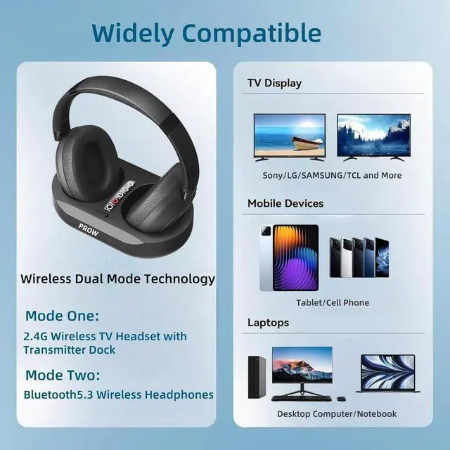 Alt view image 4 of 7 - Wireless TV Headphones, 2.4G And Bluetooth 5.3 Dual Mode Elderly TV Wireless Headset, No Lip-sync Delay Over-ear Loud Headphones, Elderly Friendly With Transmitter Dock, Support Optical/USB/RCA/BT