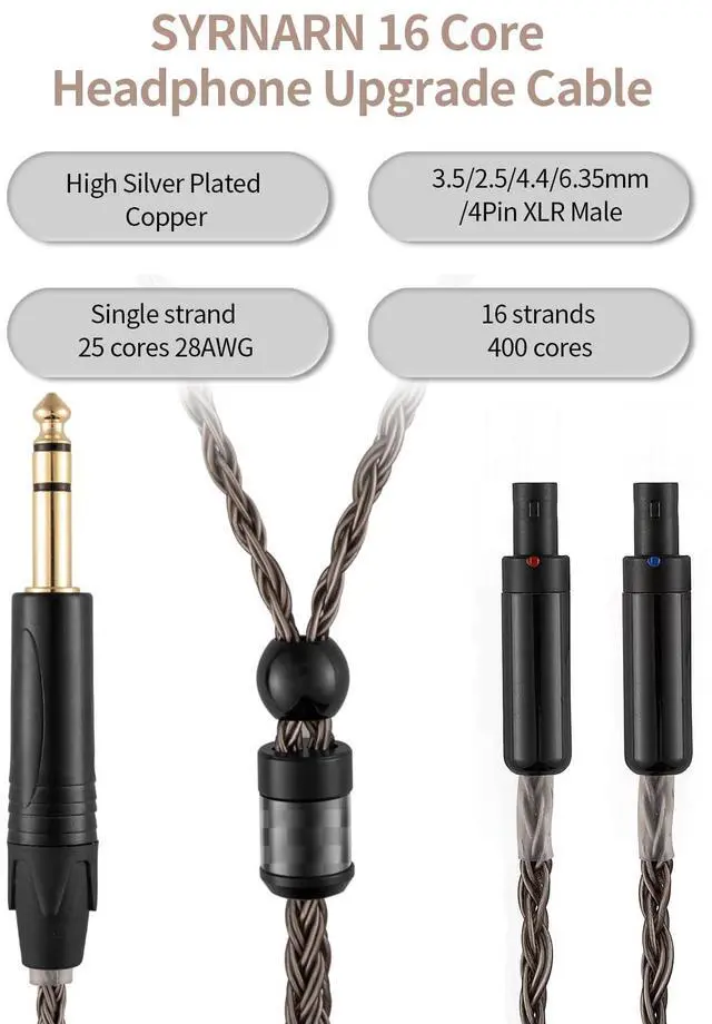 Alt view image 2 of 6 - 4 Pin XLR Balanced Headphone Cable Compatible with Sennheiser HD800s HD800 HD820s HD820 HD8XX Dharma D1000 16 Core Upgrade Replacement Cord (with 4 Pin XLR Balanced, 1.5Meters/5ft)