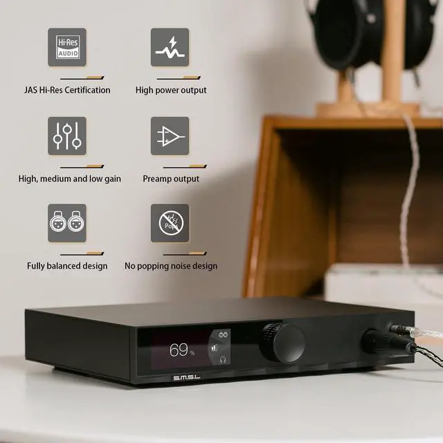 Main image of SMSL H400 Headphone Amplifier,4.4mm Balanced,XLR Balanced,6.35mm Single-Ended,16-600 High Output Power,Preamp Output,Fully Balanced Design,High,Medium and Low Gain,with Remote Control (Black)