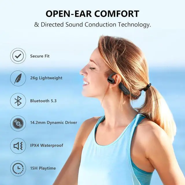 Alt view image 2 of 7 - Sports Open-Ear Headphones, Bone Conduction Headphone Bluetooth 5.3 Touch-Slide Control, 10H Playtime, IPX4 Sweatproof Waterproof Headphones for Running, Cycling, Walking, Gym (Black)