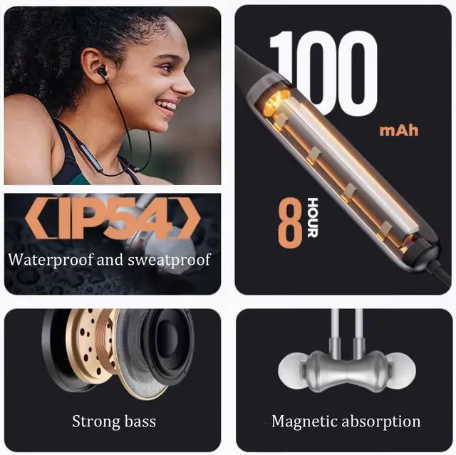 Alt view image 6 of 6 - Neckband Bluetooth Headphones, In-Ear Wireless Earbuds 27g Ultra-Lightweight Comfort 8H Playtime Deep Bass Headset Wireless Stereo Neckband Earbuds with Microphone, for Sports/Workout/Office (Black)