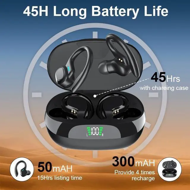 Alt view image 7 of 7 - Bluetooth Headphones Wireless Earbuds 45hrs Playtime Wireless Charging Case Digital Display Sports Ear buds with Earhook Premium Deep Bass IPX5 Waterproof Over-Ear Earphones for TV Phone Laptop Black