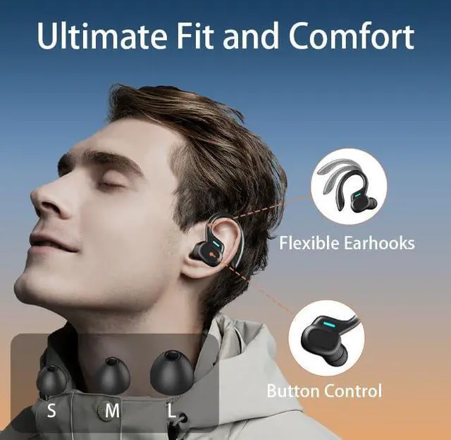 Alt view image 6 of 7 - Bluetooth Headphones Wireless Earbuds 45hrs Playtime Wireless Charging Case Digital Display Sports Ear buds with Earhook Premium Deep Bass IPX5 Waterproof Over-Ear Earphones for TV Phone Laptop Black