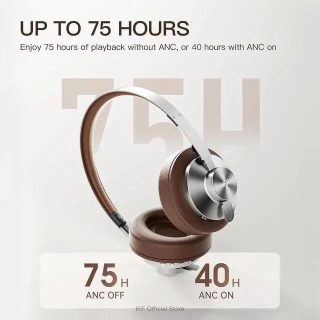 Alt view image 7 of 7 - Metal Wireless Bluetooth Headphones Over Ear  Full Metal Body, 52dB Adaptive Active Noise Cancelling, Hi-Res Audio, Built-in Microphone, 75H Battery, AUX Wired Mode, App EQ Control (Brown)