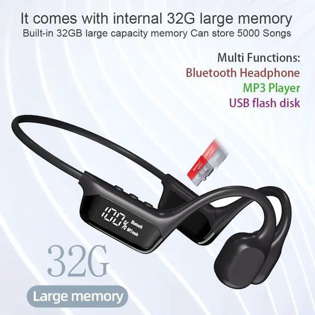 Alt view image 4 of 7 - AYI Swim Headphones True Bone Conduction Open Ear Headset LED Screen Power Indicator Underwater MP3 Player Built-in 32G Memory IP68 Waterproof Bluetooth Earphone for Sport Running-S10 Black