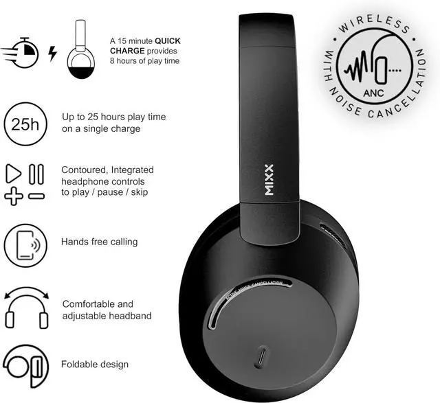 Alt view image 2 of 7 - MIXX StreamQ C4 - Wireless Noise Cancelling Headphones with 40-Hour Battery Life and Transparent Mode - Foldable Over-Ear Design (Black)