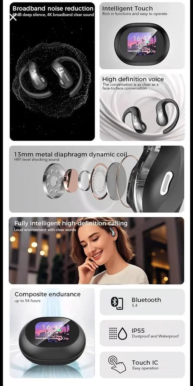 Alt view image 2 of 7 - Open Ear Bluetooth 5.4 Earbuds Open Ear Headphones Sport Earphones Built-in Mic with Hooks Earbuds LED Display Charging Case for Running (Black)