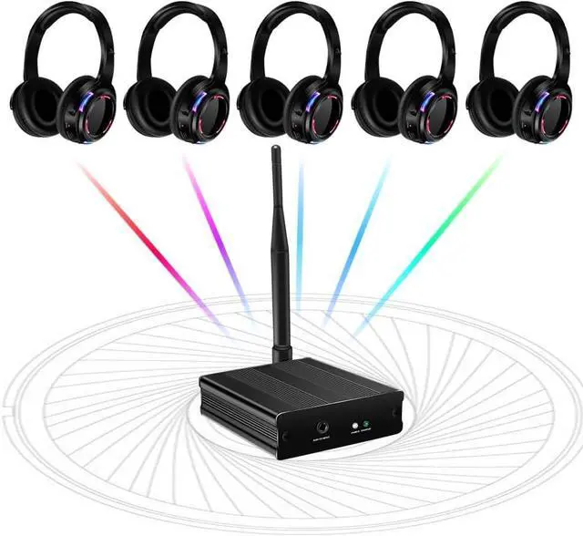 Main image of Professional Rechargeable 10 Hours RF Silent Disco Wireless Headphones for Parties Events Weddings Movies Clubbing 5 Headsets Bundel with 1 Transmitter 1600 Feet Distance