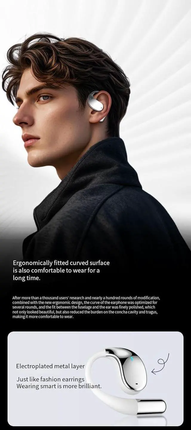 Alt view image 7 of 7 - Open-Ear Wireless Earbuds Bluetooth 5.4 Headphones with Mic & Earhook, 60Hrs Playback Sport Earphone,Ultra-Comfort,Lightweight Design,Fast Charging,Smart Translation Bluetooth Headset,Black