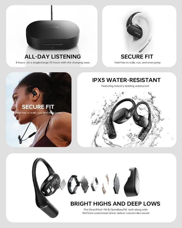 Alt view image 7 of 7 - Liberty One Open Ear Headphones, Wireless Earbuds with Earhooks, Secure Fit, Ergonomic Design, Bluetooth 5.3, IPX5 Water-Resistant, Sweat Resistant, Fast Charging, 30HRS Playtime(Black)