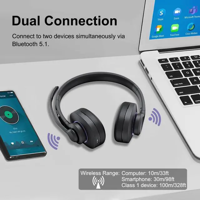Alt view image 7 of 7 - Wireless Headset for Work V5.1 Bluetooth Headset with ENC & CVC Noise-Cancelling Mic and Long-Lasting Battery - Stereo Wireless Headphone for Teams/Zoom/Home/Office/Computer/Cell Phone