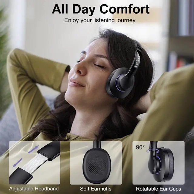 Alt view image 6 of 7 - Wireless Headset for Work V5.1 Bluetooth Headset with ENC & CVC Noise-Cancelling Mic and Long-Lasting Battery - Stereo Wireless Headphone for Teams/Zoom/Home/Office/Computer/Cell Phone