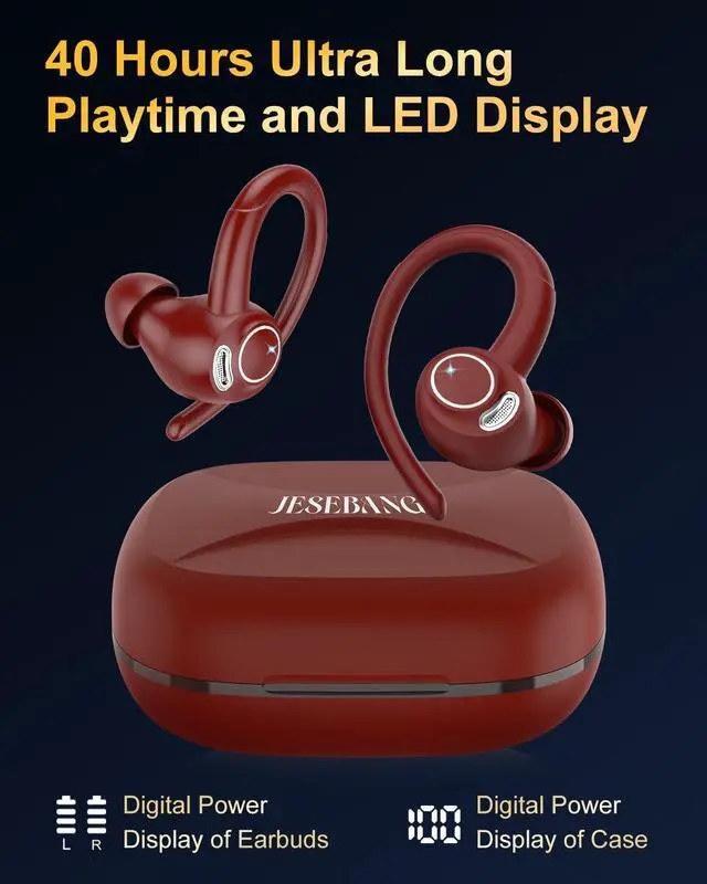 Alt view image 5 of 7 - Wireless Earbuds Bluetooth 5.3 Headphones Sport, 2024 Wireless Earphones with Earhooks, HiFi Stereo Deep Bass with ENC Mic, 40H Dual LED Display, IPX7 Waterproof Ear Bud for Small Ear Running/Workout
