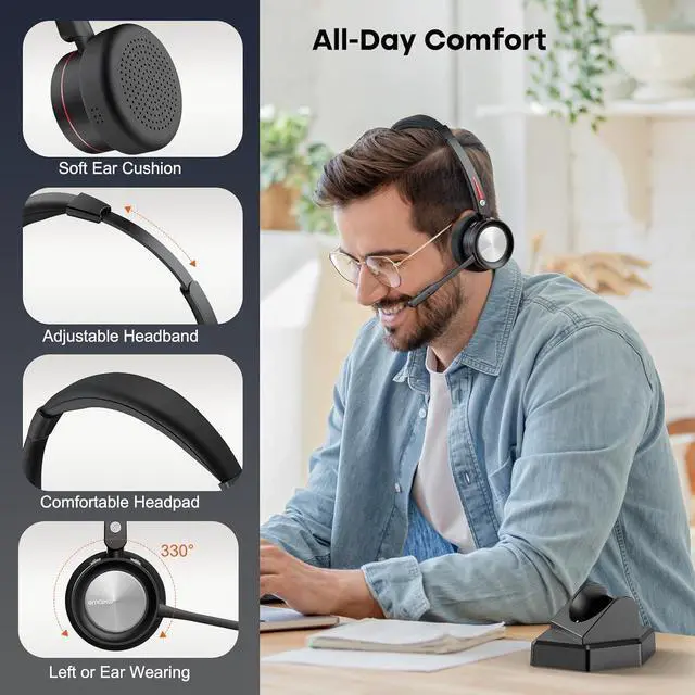 Alt view image 2 of 7 - ENC Stereo Wireless Headset with Microphone for PC, BT V5.2 Computer Headset with Noise Cancelling Mic, USB Dongle & Mute Button for Office Work/ Cell Phones/Driver/Call Center/Teams/Zoom/Meeting