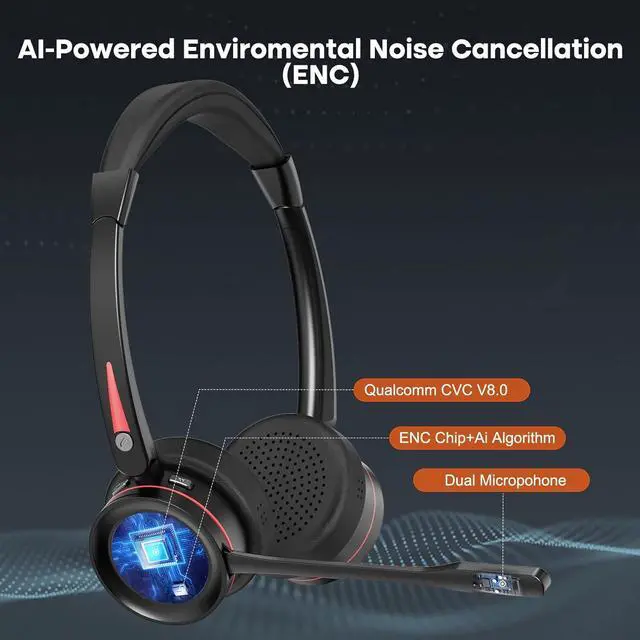 Alt view image 3 of 7 - ENC Stereo Wireless Headset with Microphone for PC, BT V5.2 Computer Headset with Noise Cancelling Mic, USB Dongle & Mute Button for Office Work/ Cell Phones/Driver/Call Center/Teams/Zoom/Meeting