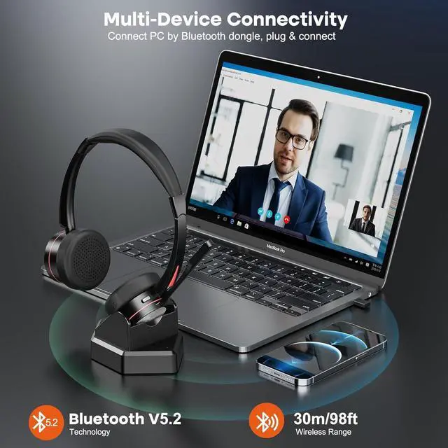 Alt view image 5 of 7 - ENC Stereo Wireless Headset with Microphone for PC, BT V5.2 Computer Headset with Noise Cancelling Mic, USB Dongle & Mute Button for Office Work/ Cell Phones/Driver/Call Center/Teams/Zoom/Meeting