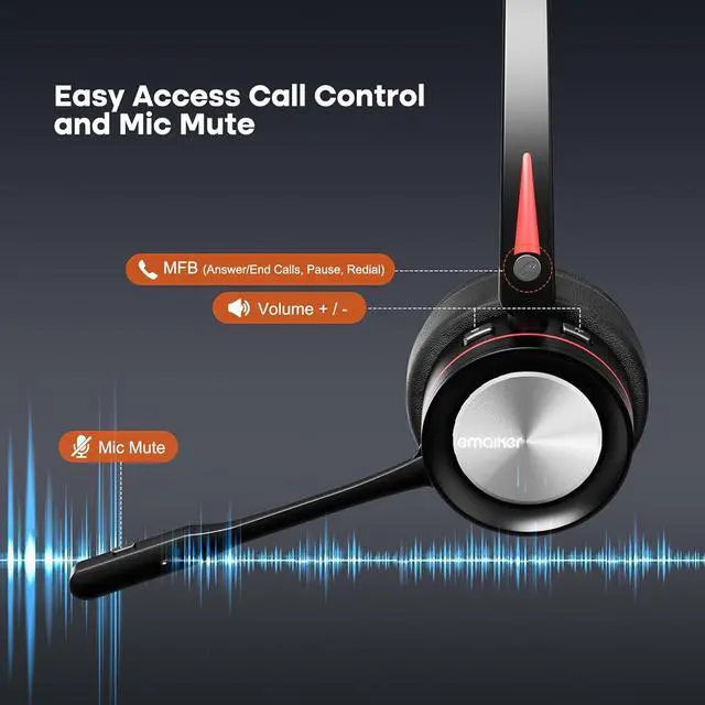 Alt view image 6 of 7 - ENC Stereo Wireless Headset with Microphone for PC, BT V5.2 Computer Headset with Noise Cancelling Mic, USB Dongle & Mute Button for Office Work/ Cell Phones/Driver/Call Center/Teams/Zoom/Meeting
