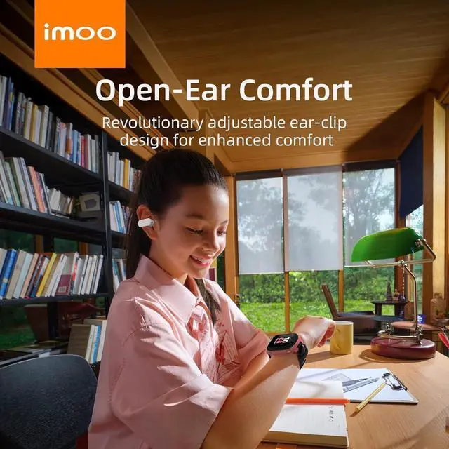 Alt view image 4 of 7 - IMOO E5 Open Earbuds, Wireless Headset Mic Noise Cancelling, Bluetooth Sports Earphones, Clip on Earbuds for Comfort, Up to 30 Hours of Battery Life(White)