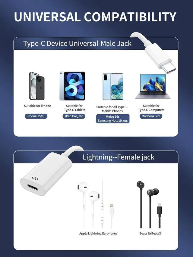 Alt view image 2 of 7 - Lightning to USB C Adapter Audio Headphone ,PD Fast Charging USB Type C Male to Lightning Female Earphone Converter Data Transfer Compatible with i-Phone 16/16Pro/15/15Pro, i-Pad Pro, MacBook (3Pack)