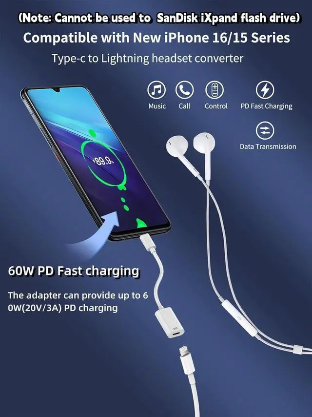 Alt view image 3 of 7 - Lightning to USB C Adapter Audio Headphone ,PD Fast Charging USB Type C Male to Lightning Female Earphone Converter Data Transfer Compatible with i-Phone 16/16Pro/15/15Pro, i-Pad Pro, MacBook (3Pack)