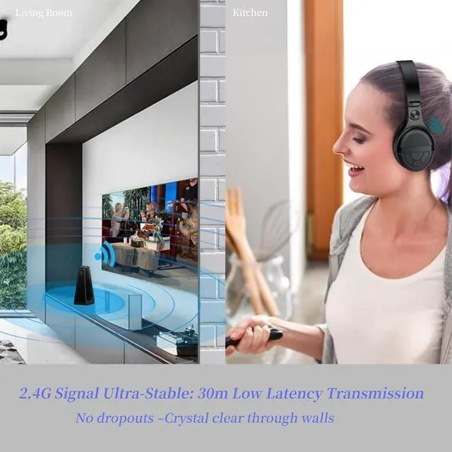 Alt view image 2 of 7 - Wireless TV Headphones for Seniors with Large Buttons, 15H Playtime & 0 Delay, 2.4GHz RF Transmitter Charging Dock, Bluetooth Over-Ear Headset, Fits Most TVs, Digital Optical(TOSLINK)/RCA/3.5mm Output