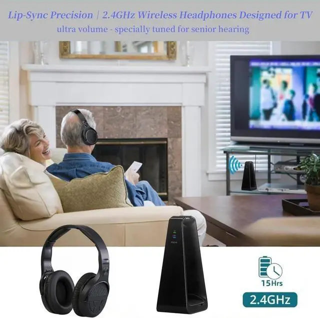 Alt view image 3 of 7 - Wireless TV Headphones for Seniors with Large Buttons, 15H Playtime & 0 Delay, 2.4GHz RF Transmitter Charging Dock, Bluetooth Over-Ear Headset, Fits Most TVs, Digital Optical(TOSLINK)/RCA/3.5mm Output