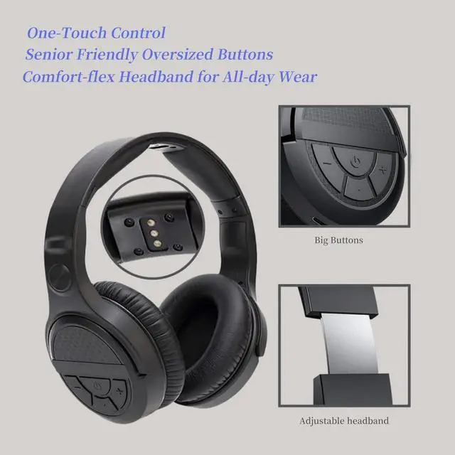 Alt view image 4 of 7 - Wireless TV Headphones for Seniors with Large Buttons, 15H Playtime & 0 Delay, 2.4GHz RF Transmitter Charging Dock, Bluetooth Over-Ear Headset, Fits Most TVs, Digital Optical(TOSLINK)/RCA/3.5mm Output