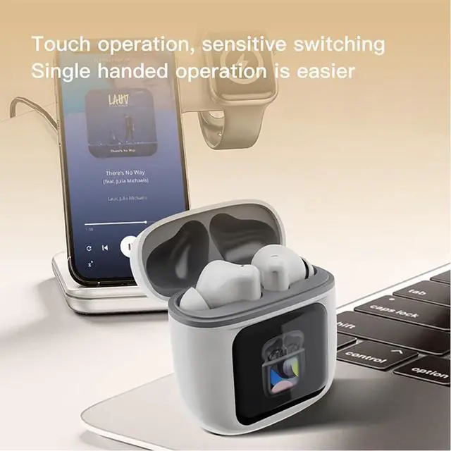 Alt view image 4 of 7 - ANC Earbuds Touchscreen Bluetooth Earphones Wireless Active Noise Cancelling Wireless Bluetooth with LCD Touch Screen Display Case Earbuds