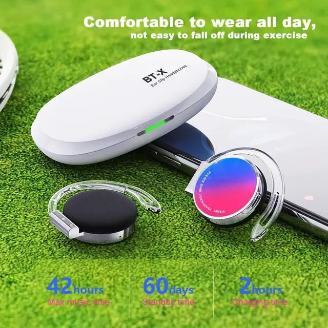 Alt view image 2 of 7 - Clip on Headphones Bluetooth V5.3, Open Ear Earphones Wireless with Earhooks, Ear Clip On-Ear Headphones, Sports Headset Bluetooth with 4 Microphones, Noise Cancelling/Long Battery Life