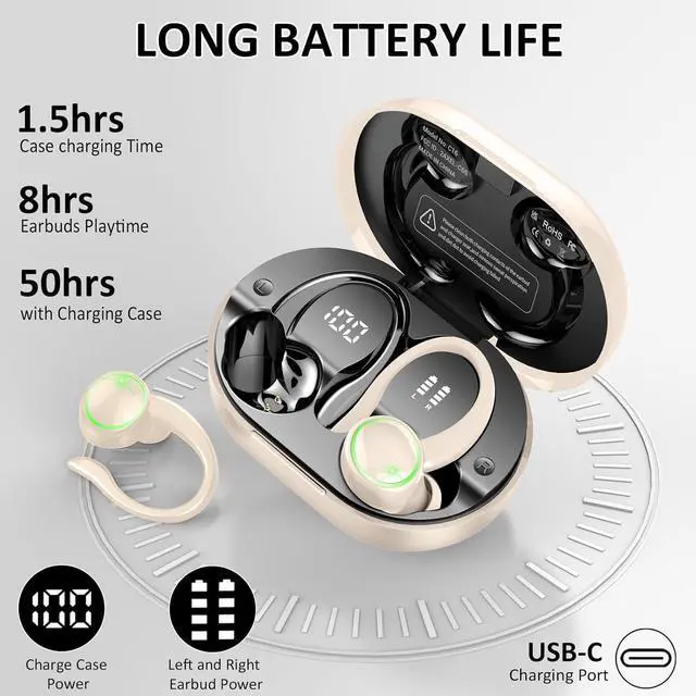 Alt view image 3 of 7 - Wireless Earbuds, Bluetooth 5.4 Headphones Sports, 50H Playback Over-Ear Buds with 4 ENC Noise Cancelling Mic, HiFi Stereo Fitness Earphones Earhooks, IP7 Waterproof Headset for Runing