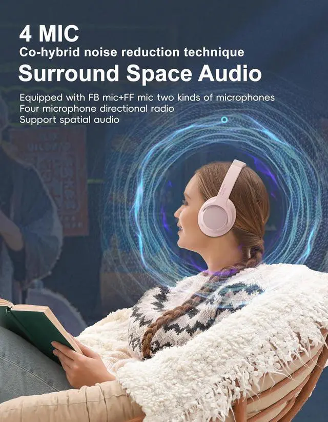 Alt view image 6 of 7 - N30S - Adaptive Noise Cancelling with Smart Ambient Wireless Over Ear Headphones, Bluetooth, Up to 70H Battery Life with Speed Charge, Foldable Design, Support App (Pink - Skull)
