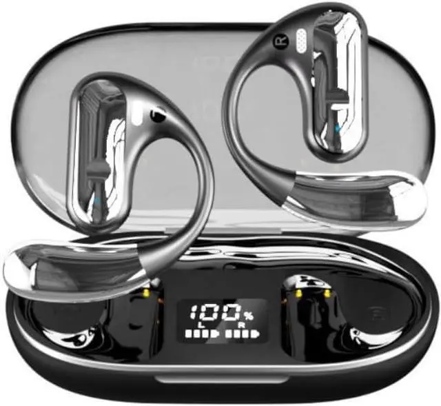 Alt view image 2 of 7 - Open Ear Headphones Wireless Bluetooth 5.3 Earphones for Snug Fit, Ergonomic Ear Hook, Clear Calls, Wireless Earbuds, Digital Display Charging Case 40H Playtime Black