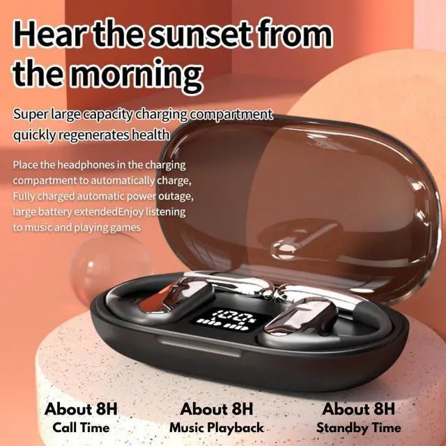 Alt view image 5 of 7 - Open Ear Headphones Wireless Bluetooth 5.3 Earphones for Snug Fit, Ergonomic Ear Hook, Clear Calls, Wireless Earbuds, Digital Display Charging Case 40H Playtime Black