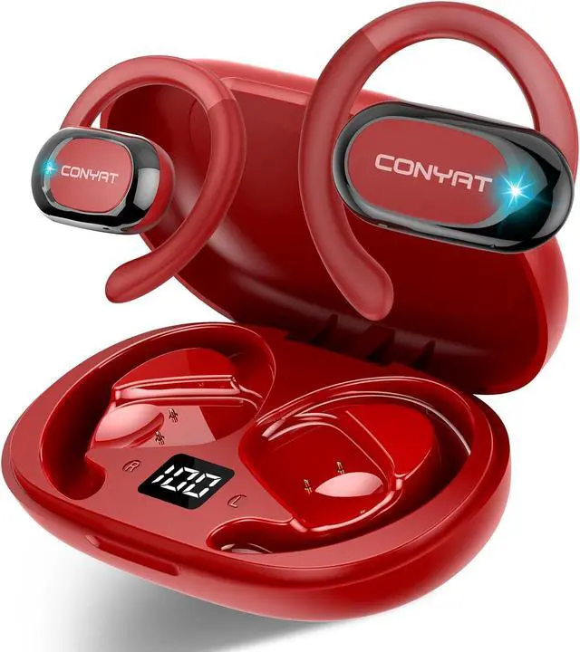 Main image of Open Ear Headphones, Wireless Bluetooth 5.4 Earbuds with Big Earhooks, Ultra-Comfort Open Ear Earbuds, 58 Hours HD Stereo Sound Over Ear Earphones, IP7 Waterproof Headset for Workouts, Red