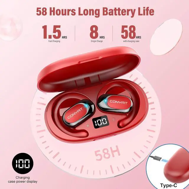 Alt view image 2 of 7 - Open Ear Headphones, Wireless Bluetooth 5.4 Earbuds with Big Earhooks, Ultra-Comfort Open Ear Earbuds, 58 Hours HD Stereo Sound Over Ear Earphones, IP7 Waterproof Headset for Workouts, Red