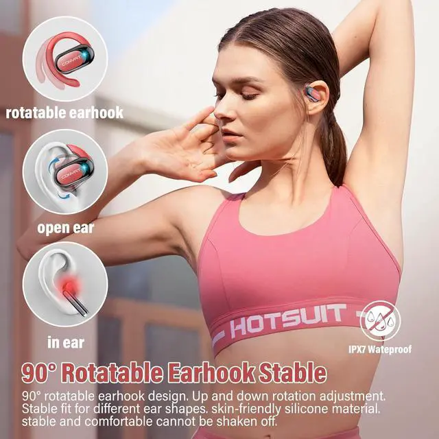 Alt view image 3 of 7 - Open Ear Headphones, Wireless Bluetooth 5.4 Earbuds with Big Earhooks, Ultra-Comfort Open Ear Earbuds, 58 Hours HD Stereo Sound Over Ear Earphones, IP7 Waterproof Headset for Workouts, Red