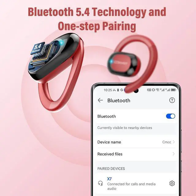 Alt view image 4 of 7 - Open Ear Headphones, Wireless Bluetooth 5.4 Earbuds with Big Earhooks, Ultra-Comfort Open Ear Earbuds, 58 Hours HD Stereo Sound Over Ear Earphones, IP7 Waterproof Headset for Workouts, Red