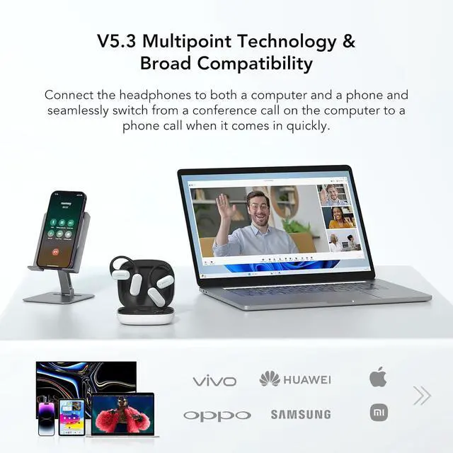 Alt view image 7 of 7 - Open Ear Bluetooth Headphones,Wireless Earbuds with Deep Bass, Up to 45H Playtime with Charging Case, Ultra Comfort, Dual Connection, Air Conduction, for Phone/Mac, White