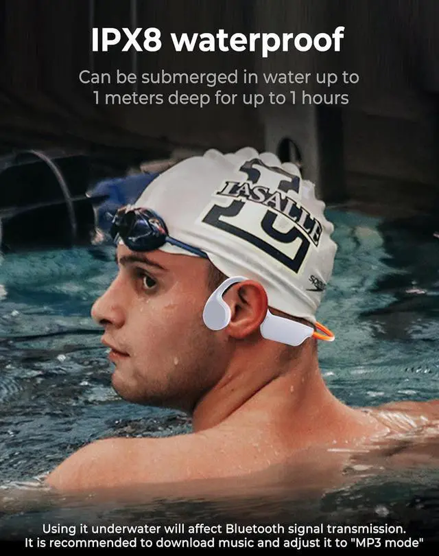 Alt view image 2 of 7 - Swimming Headphones IPX8 Waterproof Underwater Bone Conduction Headphones for Swimming Bluetooth 5.3 Open Ear Bone Conducting with 32GB MP3 for Sport Running (Orange)