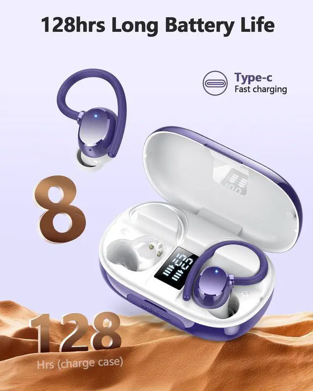Alt view image 2 of 7 - Wireless Earbuds, 128Hrs Bluetooth 5.3 Headphones Sport, Bluetooth Earbuds with ENC Noise Canceling Mic, Bass Stereo Wireless Earphones, IP7 Waterproof Over Ear Buds with Earhooks for Gym/Running