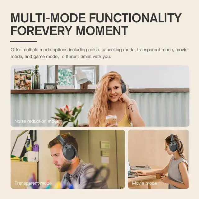 Alt view image 4 of 7 - Solo Active Noise Cancelling Bluetooth Headphones, ANC, 130H Playback, HiFi Sound, Transparency Mode, Wireless & Wired, Low Latency Gaming, Foldable, USB Audio, External Mic for Clear Calls